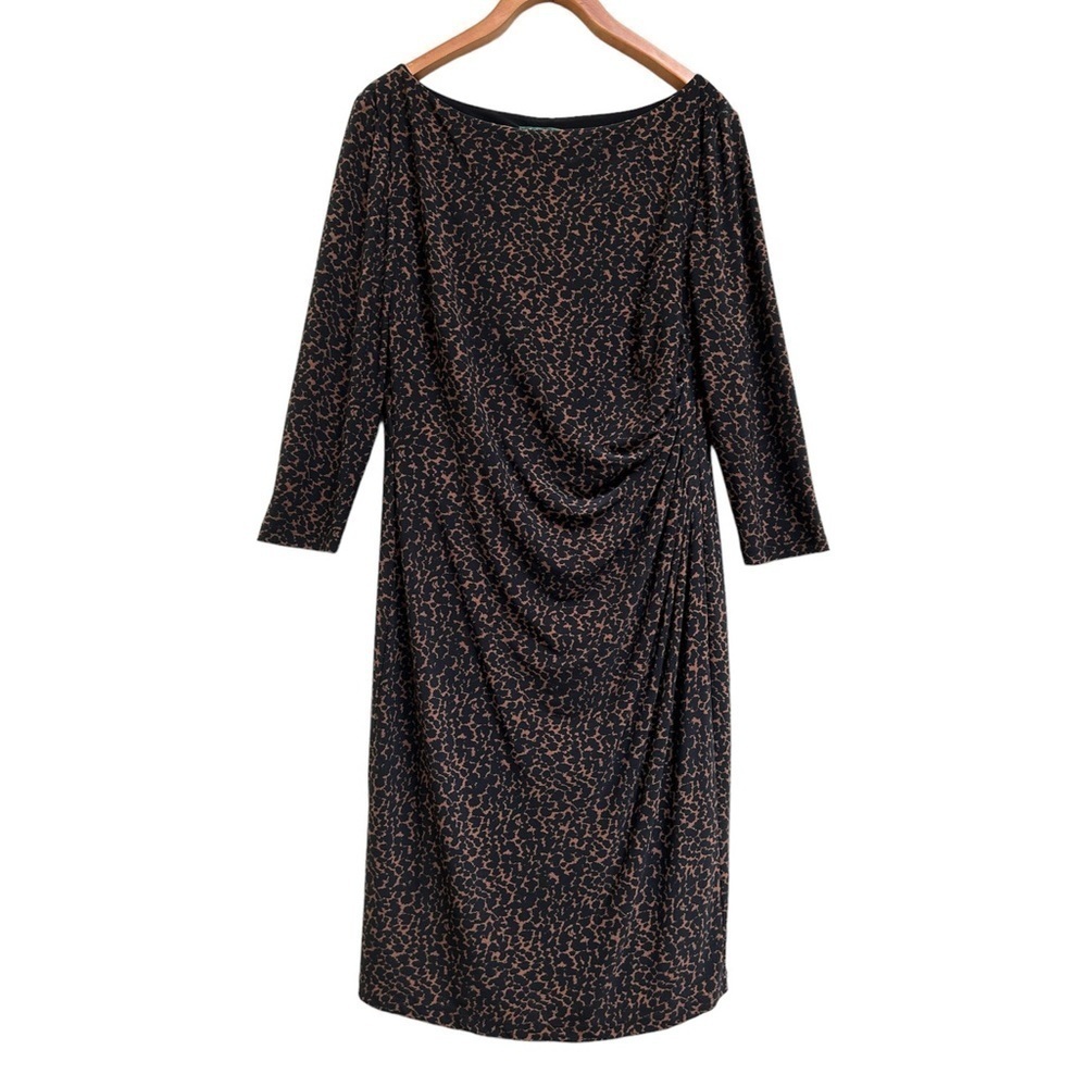 Lauren Ralph Lauren Women's Boat Neck Animal Print Ruched Dress 3/4 Sleeve Sz 14